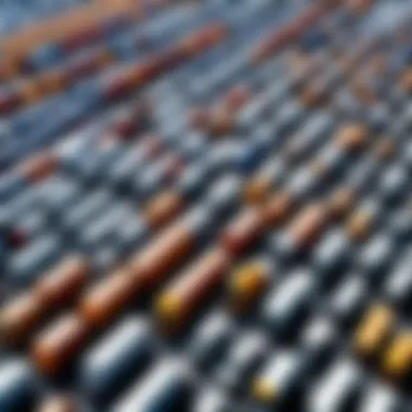 A fleet of trucks organized in a logistics yard