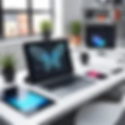 A creative workspace featuring an iPad with fashion design applications open.