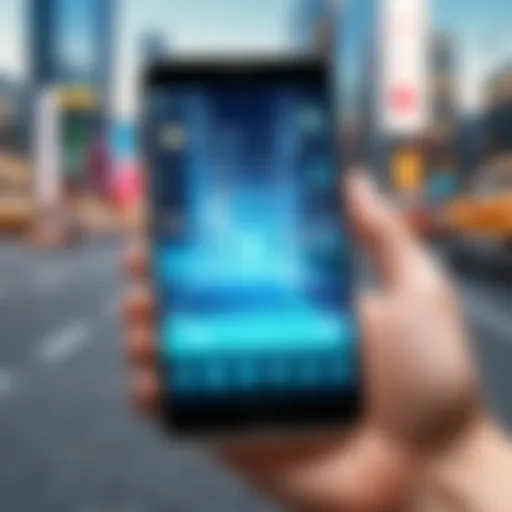 A smartphone displaying an augmented reality application that overlays digital information on a real-world environment.