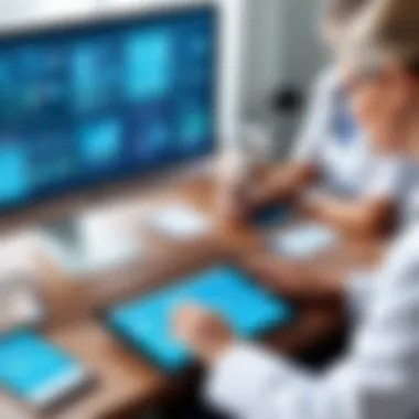 Collaboration in Healthcare Healthcare professionals collaborating over a digital device displaying EMR software.
