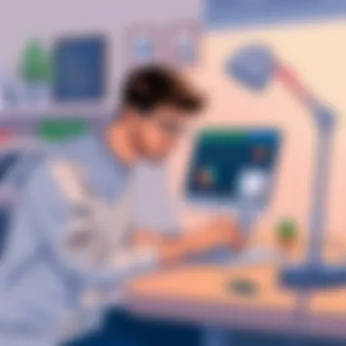 Freelancer's Workspace with Billable Hours App Freelancer using a billable hours app on a laptop in a cozy workspace