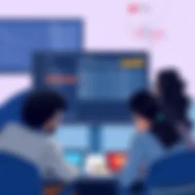 Team Collaboration Using Billable Hours App Team collaborating on a project with a billable hours app displayed on a monitor