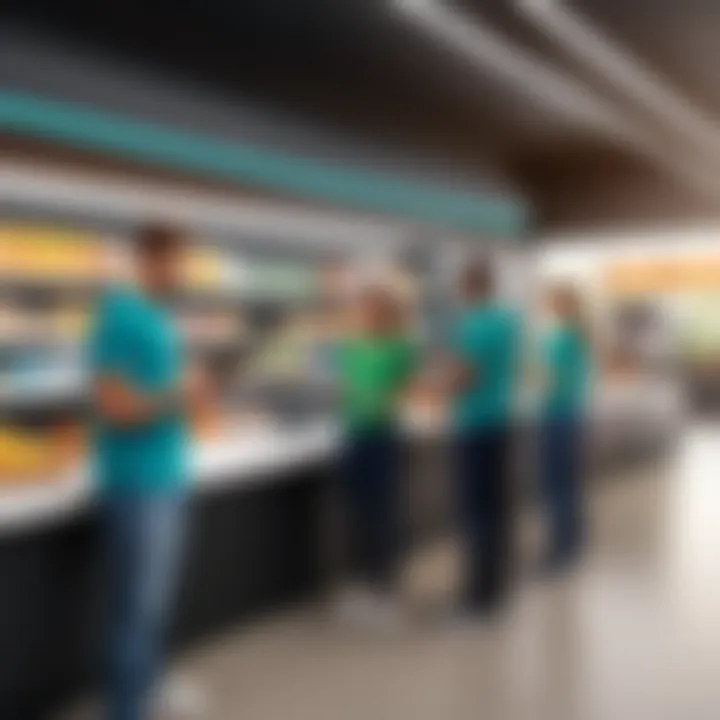 A group of volunteers managing stock at a concession stand using a mobile app.